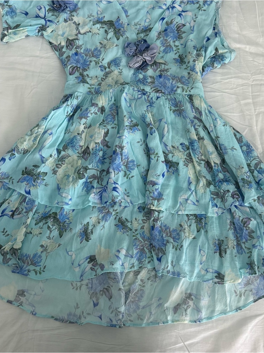 LoveShackFancy Powder Blue Floral Ruffle Mini Dress - Picture 3 of 8